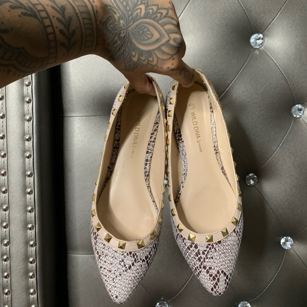 Brown Snakeskin Studded Flats